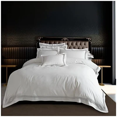 Image of Luxury Bordered Striped Duvet Covers, Embroidered Bedding Sets King Size, Warm Bed Cover, White/Grey