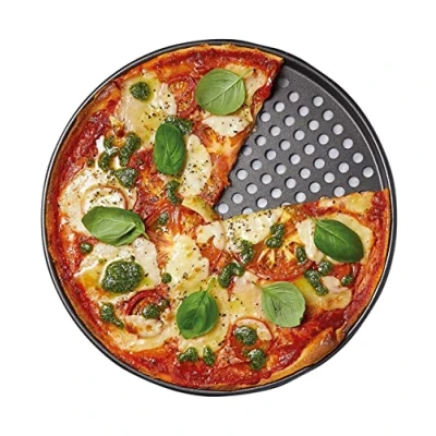 Image of Round Pizza Baking Tray, Non Stick Large 28cm/11inch Carbon Steel Tray Bakeware Plate Oven Perforated Holes Air Flow Heat Resistant,Non Toxic,Dishwasher Safe