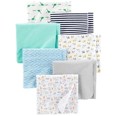Image of Simple Joys by Carter&#039;s Baby 7 Pack Flannel Receiving Blankets, Mint Green/Blue/White, One Size (Pack of 7)