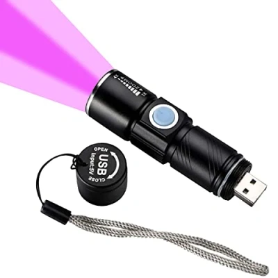 Image of ADQOO UV Torch Rechargeable, Blacklight Flashlight LED Mini Ultraviolet Torches, USB Black Light Zoomable 395nm Detector for Dog Cat Pet Urine, Stain,Bed Bugs, and More