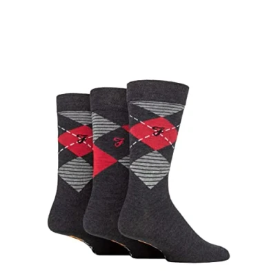 Image of Mens 3 Pair Farah Argyle, Patterned and Striped Cotton Socks Charcoal / Berry Argyle 6 11