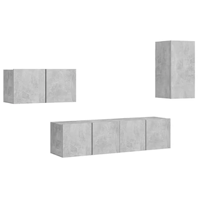 Image of vidaXL 4 Piece TV Cabinet Set Concrete Grey Engineered Wood Wall Mounted, Ample Storage, Easy to Clean, Assembly Required