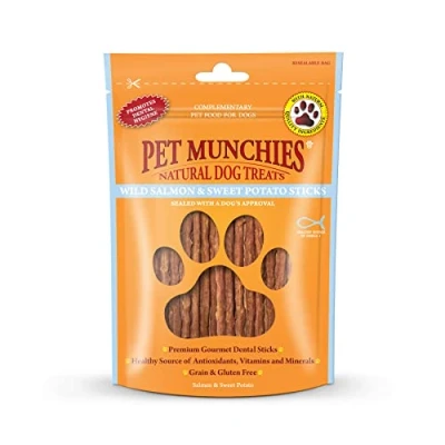 Image of Pet Munchies Wild Salmon and Sweet Potato Dog Treats, Healthy Grain Free Dental Sticks with Natural Real Meat 90g