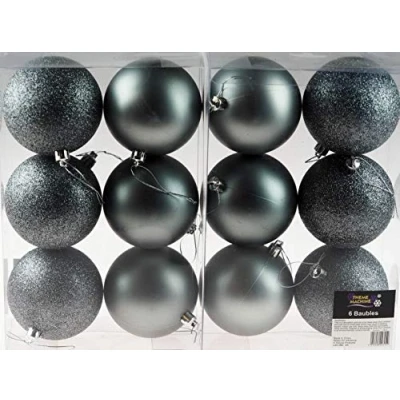 Image of Set Of 12 Large Graphite Grey Christmas Tree Baubles Decorations