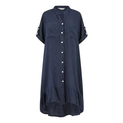 Image of Yumi Womens Khaki Italian Linen Shirt Dress With Frill Hem Navy Size Small