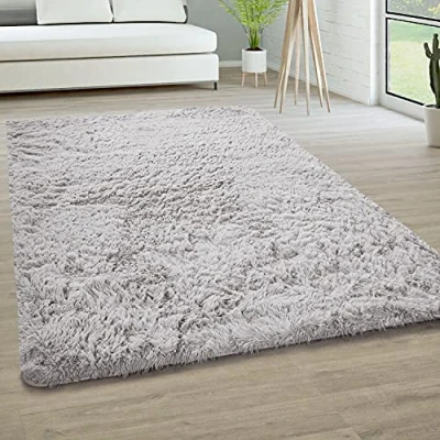 Image of Paco Home Area Rug Living Room Shaggy Large Bedroom Deep Pile Fluffy Soft Non slip Modern Monochrome, Size:140x200 cm, Colour:Silver