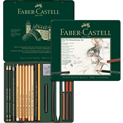 Image of Faber Castell PITT Monochrome Professional Quality 21 Piece Set in a Metal Case