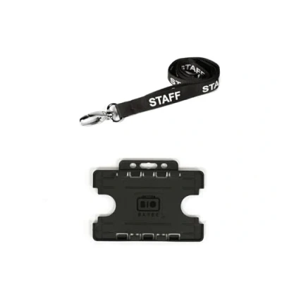 Image of ID Badge Card Pass Name Holder Double Sided for Two Credit Sized Cards and 15mm Staff Neck Strap Lanyard with Safety Breakaway Metal Clip Work, School, Office Accessories, Nurses Black