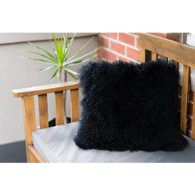 Image of Yukon International Naturally Sheepskins Genuine Mongolian Sheepskin Cushion Cover in Black Luxurious Soft Curly Fur Decorative Pillow Case Breathable, Dirt Resistant, Durable, Gift Ready