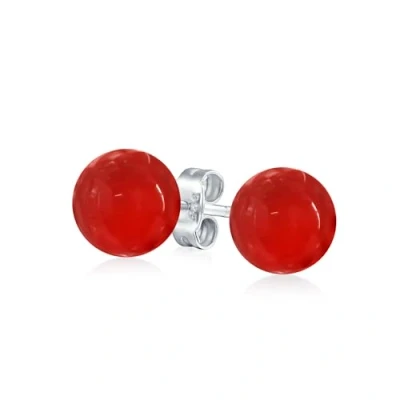 Image of Simple Plain Dyed Gemstone Red Carnelian Ball Round Stud Earrings For Women Teen .925 Sterling Silver 10MM