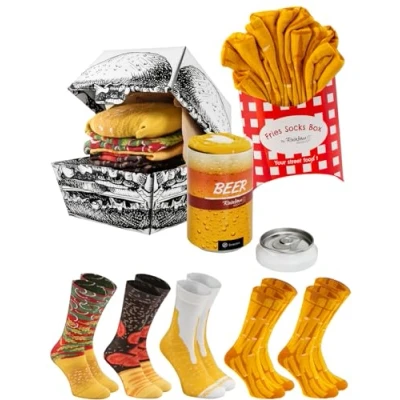 Image of Rainbow Socks Men Women Funny Meal Box 5 Pairs Burger Fries Bier Size 12 14