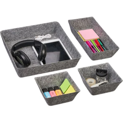 Image of Relaxdays Drawer Organiser, Set of 4 Baskets in 3 Sizes, Insert, Felt Trays, Storage for Office and Home, Grey, 7.5 x 33.5 cm