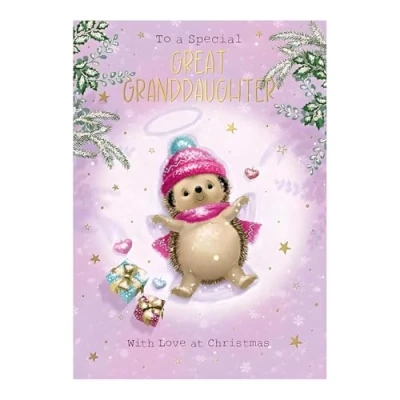 Image of Great Granddaughter Christmas Card Special Hedgehog Snow Angel Artistic Festive Design Finish Made in the UK Eco Friendly
