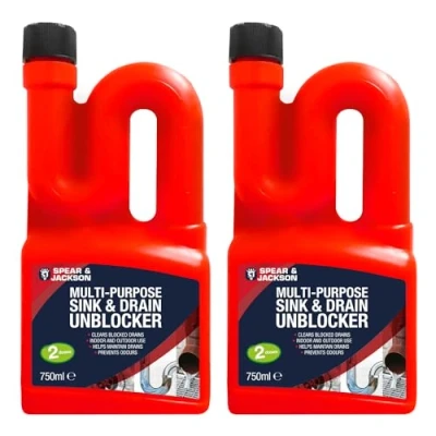 Image of Spear &amp; Jackson Multi Purpose Sink Drain Unblocker 2 x 750 ml, Clears Blocked Drains, Doses per Bottle