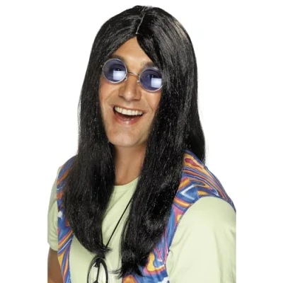 Image of Smiffys Neil Hippy Wig, Black with Side Parting, 1960&#039;s Groovy Fancy Dress, Adult Dress Up Wigs
