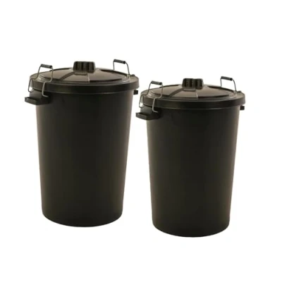 Image of Novostyl 2 PACK LARGE BLACK GARDEN DUSTBIN 90L REFUSAL HEAVY DUTY PLASTIC WASTE BIN WITH CLIP LID