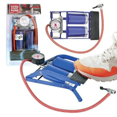 Image of BARGAINGALORE NEW DOUBLE BARREL FOOT PUMP AIR INFLATOR CAR VAN BIKE PRESSURE GAUAGE BACKUP