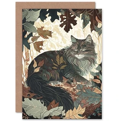 Image of Artery8 Norwegian Forest Cat Resting Under Bush Trees Modern Illustration Art Birthday Sealed Greeting Card Plus Envelope Blank inside