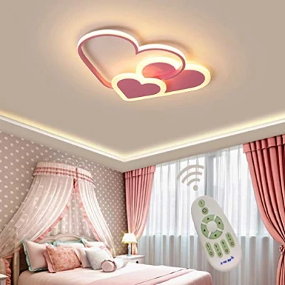 Image of LED Ceiling Lights Flush Mount Girl Boy Bedroom Fixture Dimmable with Remote Control, Modern Romantic Heart Shape Design Acrylic Shade Lighting for Lounge Living Dining Room Pink L52*W35cm