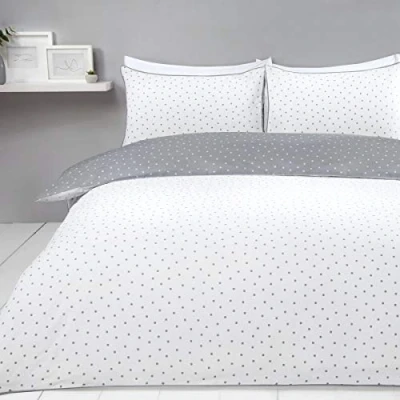 Image of Sleepdown Mini Polka Dots Grey White Reversible Easy Care Duvet Cover Quilt Bedding Set with Pillowcases Super King (220cm x 260cm), Cotton Mix