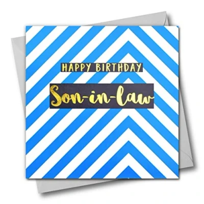 Image of Happy Birthday Son in Law, Blue Chevrons, Greeting Card with Text Foiled Shiny Gold