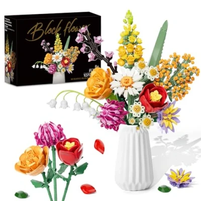 Image of KOJAYHOL Bouquet Construction Kit, 1070 Pieces, 10 Types of Flowers, Adults Building Blocks, Creative Project, No Vase