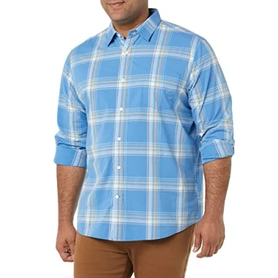 Image of Amazon Essentials Men&#039;s Long Sleeved Regular Fit Stretch Poplin Shirt, Light Blue Orange Plaid, XS