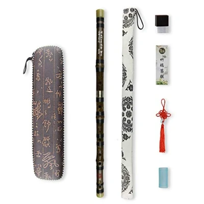 Image of F Key Dizi Black Bamboo Flute with Free Membrane &amp; Glue Protector Set Traditional Chinese Instrument (Key of F/Black Bamboo)