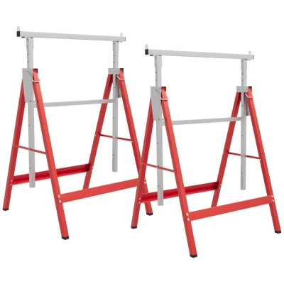 Image of HOMCOM Set of 2 Adjustable Telescopic Builders Trestle, DIY Steel Work Bench Carpenter, Folding Saw Horse Tools Red