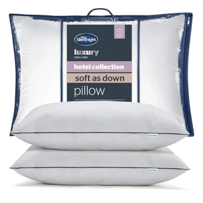 Image of Silentnight Hotel Collection Soft as Down Pillow Luxurious Sink In Feeling Of Touch Quality Breathable Hypoallergenic Medium Support Synthetic Alternative (2 Pack)