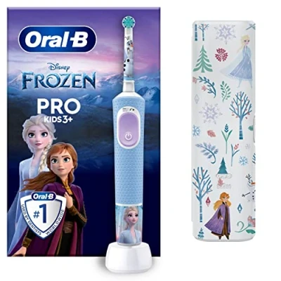 Image of Oral B Pro Kids Electric Toothbrush, Christmas Gifts For Kids, 1 Toothbrush Head, x4 Frozen Stickers, Travel Case, 2 Modes with Kid Friendly Sensitive Mode, Ages 3+, Pin UK Plug, Blue