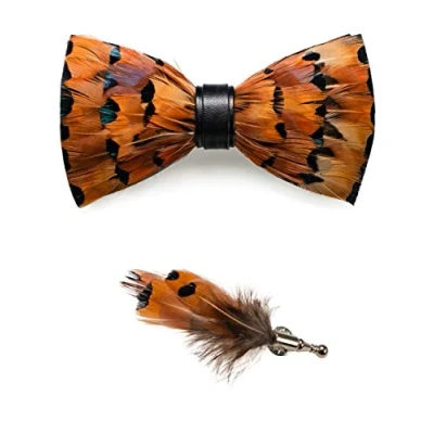 Image of JEMYGINS Orange Feather Bow tie Leather and Brooch Sets for Men(5)