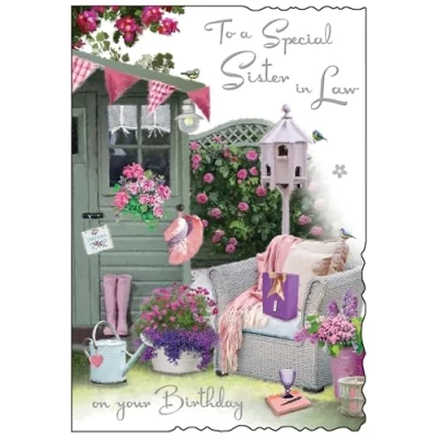 Image of Jonny Javelin Special Sister In Law Birthday Card Happy with Floral Garden Design and Embossed Foil Details for Women