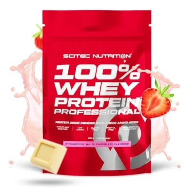Image of Scitec Nutrition 100% Whey Protein Professional Enhanced with Extra Amino Acids &amp; Digestive Enzymes Gluten Free Palm Oil Free, 500 g, Strawberry White Chocolate