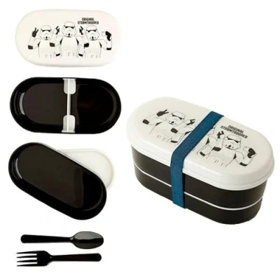 Image of Puckator The Original Stormtrooper Stacked Bento Box Lunch for Adults and Kids with Compartments Fork &amp; Spoon Snack Food Containers Lids Stackable Pots