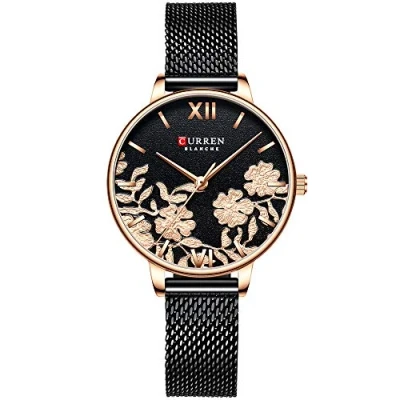 Image of CURREN Women Watches Stainless Steel Strap Wristwatch for Rose Clock Stylish Quartz Ladies Watch (Rose Gold Black)
