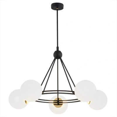 Image of Amalfi Globe Pendant Ceiling 5 Light Opal Matt, Black Structure, Brass Elements