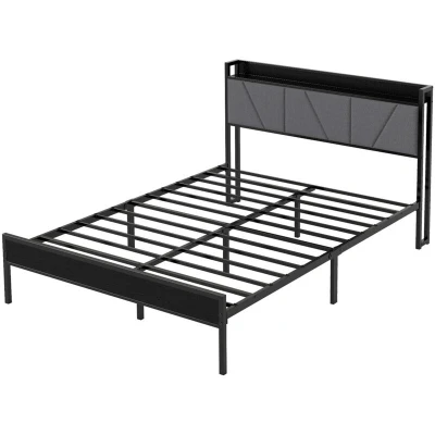 Image of Levede Double Bed Frame Metal Platform Linen Upholstered Headboard with Storage
