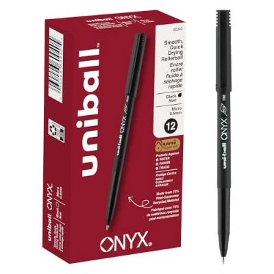 Image of uni ball Onyx Rollerball Pens Fine Point Micro Tip, 0.5mm, Black, 12 Pack