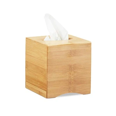 Image of Relaxdays Square Facial Tissue Box, Wooden Bamboo Cosmetic Dispenser, Cover, HWD: 15.5 x 14.5 cm, Natural
