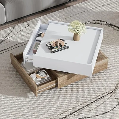 Image of BTM Coffee Table with Storage, 360Rotating Square 2 Drawers, Wooden Tier Center Swivel Tabletop and Tea Table, Oak Frame Side for Living Room