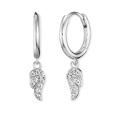Image of Engelsrufer Women&#039;s Creole Earrings Sterling Silver with Moving Wing Set Zirconia Stones Clip Closure Nickel Free Size: 23 mm, 23mm, Silver, Cubic