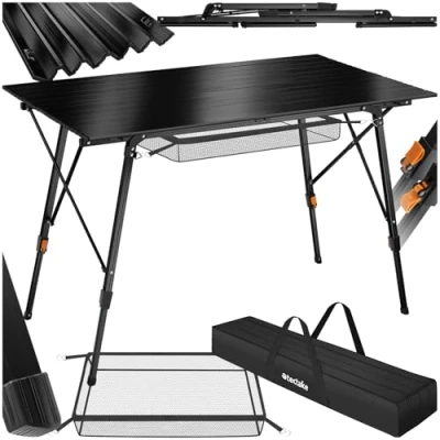 Image of TecTake® Premium Camping Table, Adjustable Height, Lightweight Aluminium, Weather Resistant, Easy Setup with Storage Net, fold away table Includes Dual Handle Carry Bag 120x70.5x5879cm black