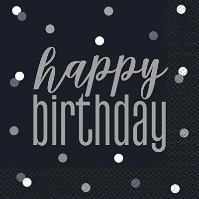 Image of Elegant Glitz Black &amp; Silver Happy Birthday Luncheon Napkins (16cm) Chic Sparkling Design Perfect for Sophisticated Celebrations 16ct