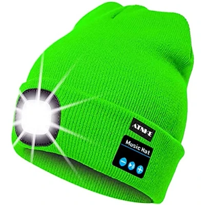 Image of ATNKE LED Lighted Bluetooth Beanie Cap, USB Rechargeable Wireless Musical Running Hat Ultra Bright 4 Waterproof Light Lamp Use for Skiing Hiking Camping Cycling/Fluorescent Green