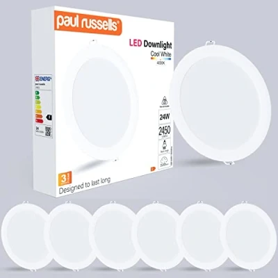 Image of paul russells LED Ceiling Downlights, 24W Slim Recessed Bathroom Kitchen Ceilings, 2450 Lumens, 4000K Cool/Natural White, Cutout 195 205mm, Round Non Dimmable Panel Spotlights, 6 Packs