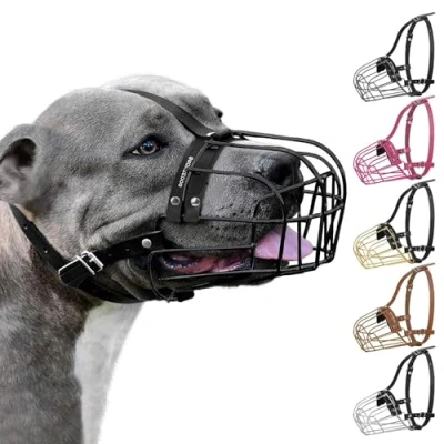 Image of BRONZEDOG Pitbull Dog Muzzle Metal Mask Amstaff Wire Basket Pit Bull Adjustable Leather Straps for Large Dogs (Black)