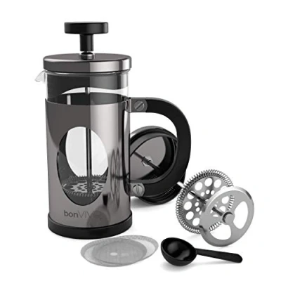 Image of bonVIVO Cafetiere GAZETARO I 350ml, 3 Cup, Stainless Steel French Press Coffee Maker w/Bonus Scoop and Replacement Filter Mesh Heat Resistant Gifts for Women Men Silver