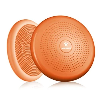 Image of BODYMATE orange balance cushion incl. pump 34cm diameter inflatable instability disc/nubbed massage for core, fitness, rehab, co ordination and relief of back pain