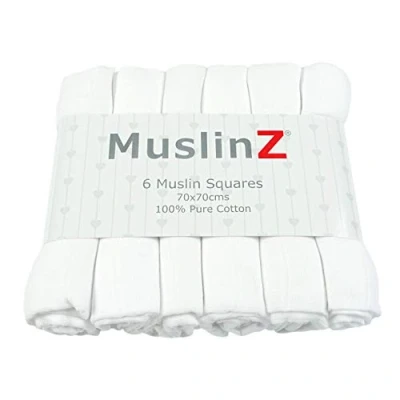 Image of MuslinZ Premium 100% Cotton Baby Muslin Squares Burp Cloths 70x70cms (White, Pack of 6)